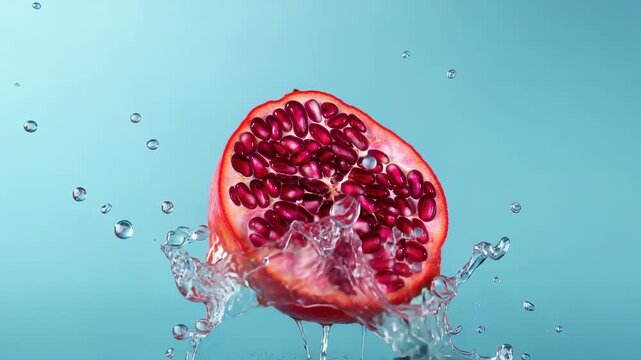 Half fresh pomegranate fruit with vibrant red arils suspended above splashing water on blue