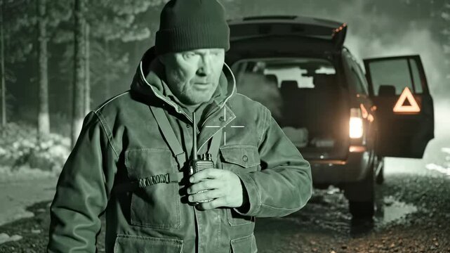 Man uses radio near broken car on winter road with emergency triangle visible. Driver calls for roadside help using radio. Man with radio stands by broken car. Winter emergency on forest road.