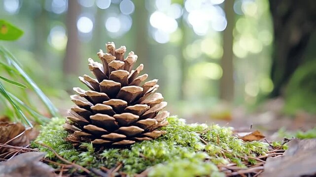 Pinecone on Moss in Forest Floor Scene.