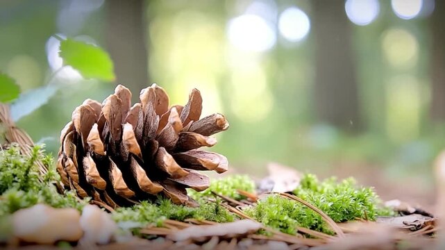 Pinecone on forest floor with moss.