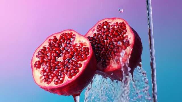 Two halves of vibrant red pomegranate fruit exposing juicy arils against  pink to blue gradient