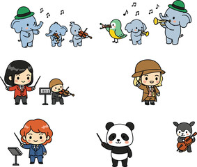 Obraz premium Whimsical orchestra of animals and humans performing music together with instruments, conductors, and notes in playful cartoon vector illustration