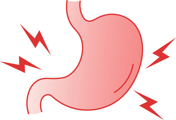 Fototapeta premium Red lightning bolts striking a pink stomach organ pain ache discomfort