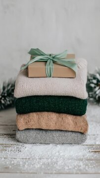 Stack of four folded knit sweaters topped with  small gift box tied with  green ribbon on snow