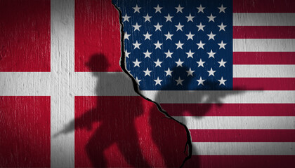 USA and Denmark flags painted on a cracked wall with silhouettes of soldiers holding rifles....