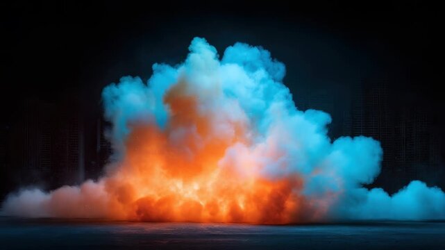 Intense orange and cyan smoke explosion contrast against  dark urban  at night
