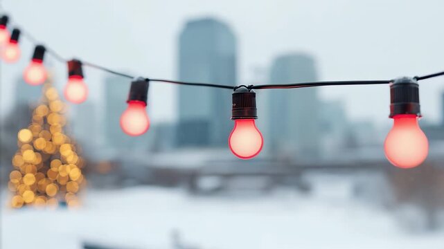 String lights with glowing red bulbs hang outdoors above  snowy urban scene and blurred Christmas tree