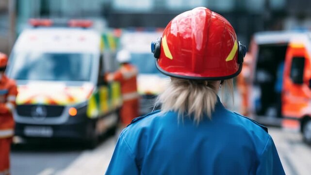 Female first responder in red helmet walks toward emergency scene with blurred ambulance vehicles in