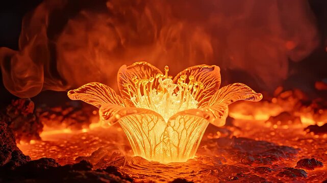 Crystal Flower Blooming Amidst Fiery Volcanic Lava Landscape