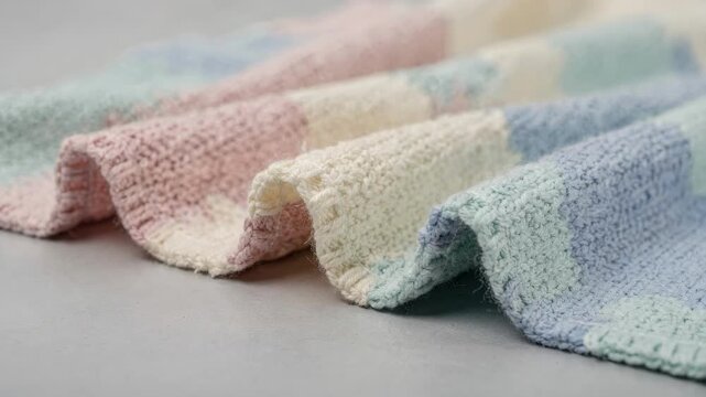 Medium shot of pastelcolored interlock knit fabric softly rolling highlighting the gentle stretch and cozy texture ideal for delicate babywear.