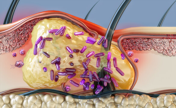 Cutibacterium acnes bacteria proliferating in a human hair follicle with sebum accumulation and immune cell infiltration. Pathogenesis of acne vulgaris, pilosebaceous unit, bacterial proliferation