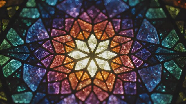 Colorful stained glass window with intricate geometric patterns and vibrant hues.