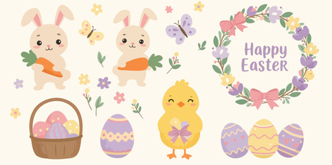 Obraz premium Easter celebration with bunnies eggs chick and floral wreath greeting