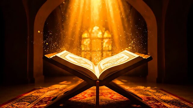 Illuminated holy scripture resting open on a traditional wooden rehal stand under divine golden light beams in an archway setting for deep spiritual reflection.