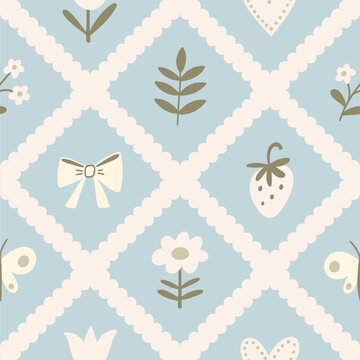 Cottage core lace lattice seamless pattern. Hand drawn cute nostalgic print with blue and green flowers, bows. Playful whimsical pattern for kitchen textile, blanket, tablecloth.