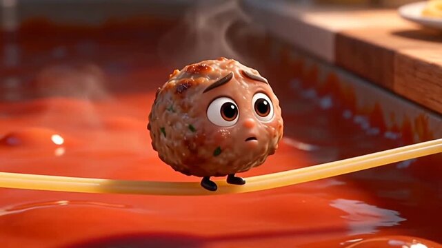 Surreal 3D Animation of a Meatball Character Balancing on a Spaghetti Noodle Over Tomato Sauce