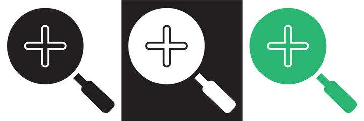 Obraz premium Search icon set with magnifying glass symbols. Minimal vector illustration showing search and check icons with magnifying glass in black, white, and green, web search and verification.EPS10/AI.