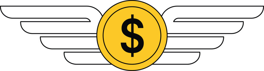 Obraz premium Yellow coin with dollar sign and black wings on white background money finance