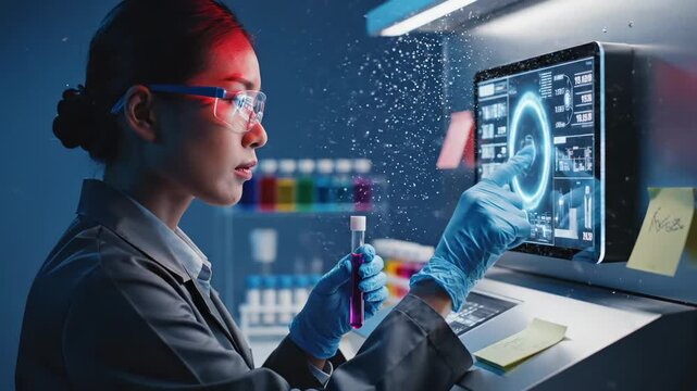 Scientist touches holographic screen holding test tube in laboratory. Woman analyzes data on virtual screen. Scientist examines sample with holographic display. Woman researcher touches digital data.