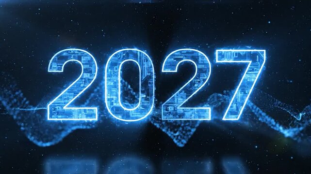 Glowing, stylized numerals "2027" against a dark, cosmic, starry backdrop, with circuit-board detailing