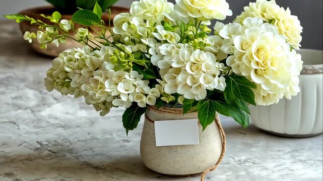 White Flowers in Vase on Table.