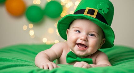 Smiling baby dressed as leprechaun for St Patrick Day