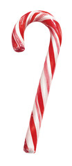 A curved, red and white striped candy cane, isolated against a solid black background (1)