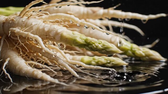 Fresh white asparagus roots being washed with water splashes on a black background. Close-up of raw vegetables for German Spargel cuisine. Healthy spring food preparation