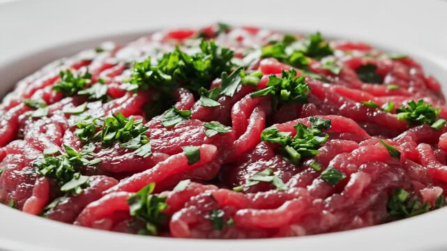 Close-up of fresh raw ground lamb meat with herbs in a white bowl. Uncooked minced meat preparation for traditional cuisine like kebabs or meatballs. Culinary ingredient concept