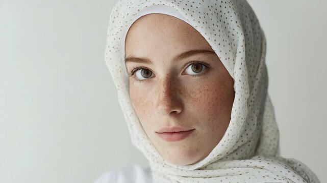 Close-up of a beautiful young woman with prominent freckles wearing a white patterned hijab, natural and elegant expression