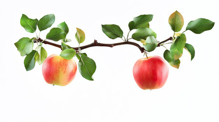 A branch of apples with green leaves on transparent background