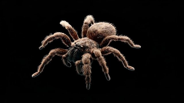 A tarantula spider hanging from an invisible thread in a dark environment viewed from directly above