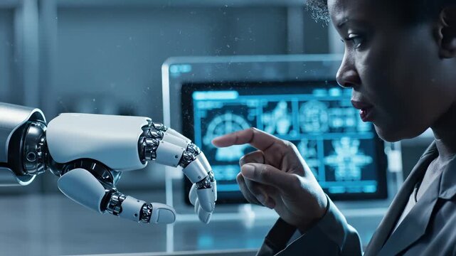 Scientist touches robot finger in futuristic laboratory with computer display. Human connects with robot through touch. Scientist and robot finger touching. Laboratory interaction between human robot.
