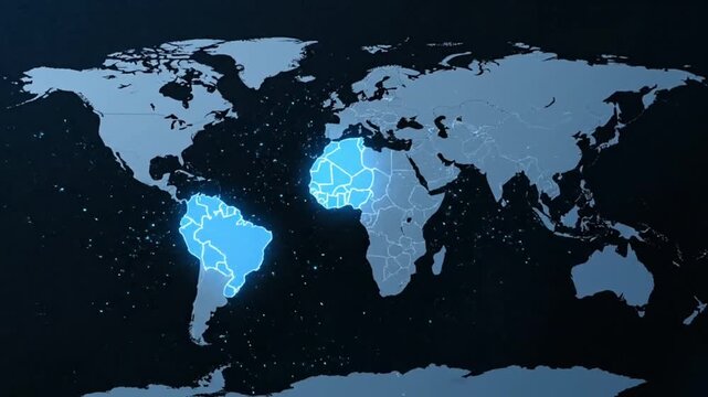A 3d vector illustration of a blue world map and global sphere showing continents and countries from Europe to America on a black background for travel and business geography
