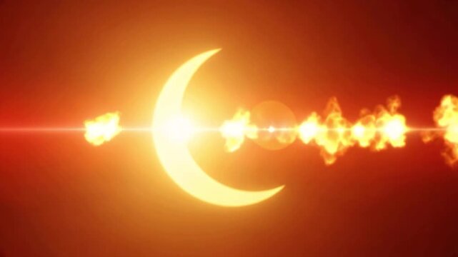 Glowing crescent light with fiery energy wave on dark background