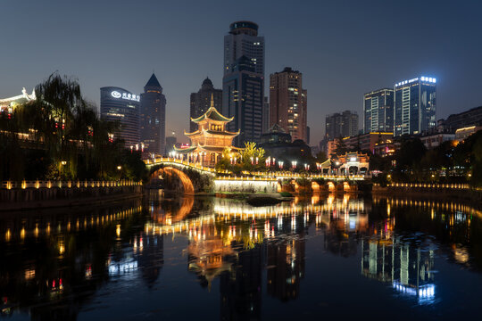 This is a view of the Guiyang city skyline with modern architecture along the Yangtze River at night on December 08, 2019 in Guiyang, China
