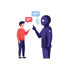 Man and Robot Communicating with Speech Bubbles.