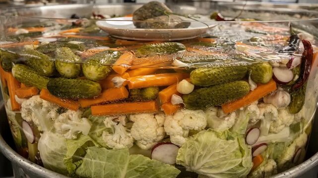 Shot of mixed vegetables immersed in salty brine within a large fermentation container emphasizing diverse pickling techniques in food production.