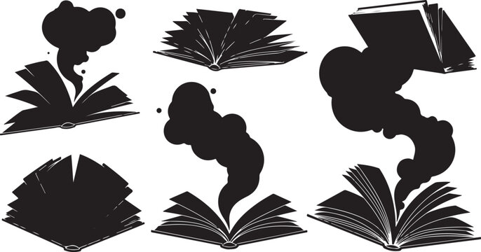 Silhouettes of books with thought clouds rising from pages