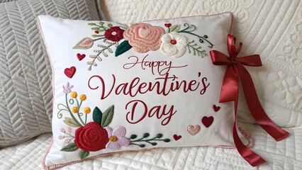 Happy Valentine's Day Pillow with Floral Embroidery and Ribbon