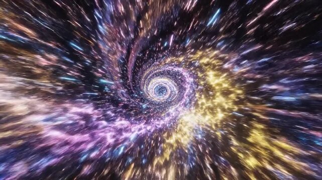 An abstract swirling vortex of colors and light streaks through space, creating a cosmic tunnel