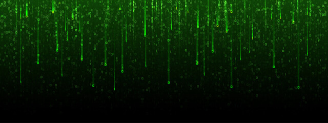 Falling digital streams display cascading binary numbers in classic matrix style, creating cyberpunk atmosphere with futuristic programming visualization. © AntonKhrupinArt
