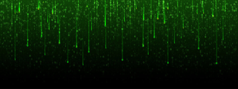 Falling digital streams display cascading binary numbers in classic matrix style, creating cyberpunk atmosphere with futuristic programming visualization.