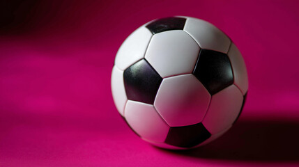 Naklejka premium Classic black and white soccer ball, vibrant pink background, minimalist sports photography, bold color contrast, modern athletic aesthetic, creative football imagery, with copy