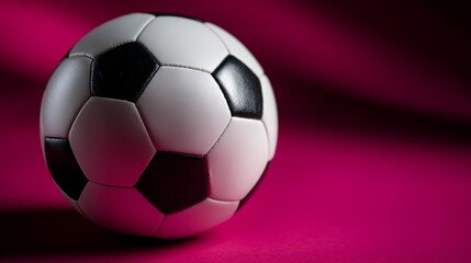 Naklejka premium Classic black and white soccer ball, vibrant pink background, minimalist sports photography, bold color contrast, modern athletic aesthetic, creative football imagery, with copy