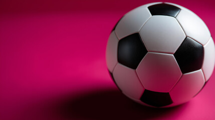 Naklejka premium Classic black and white soccer ball, vibrant pink background, minimalist sports photography, bold color contrast, modern athletic aesthetic, creative football imagery, with copy