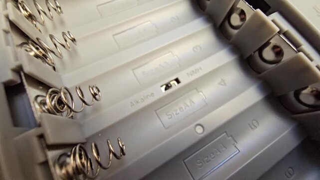 Close-up of an empty double A (AA) battery compartment with polarity markings and battery type selector switch.