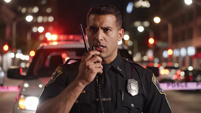 Caucasian man police officer communicates on walkie talkie radio against police car at night. Safety and law enforcement concept.