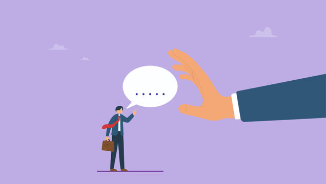 Businessman hand reject or deny employee request. Rejection, decline or refuse in conversation, say no or disapprove, disagreement, deny request or manager decision authority, work conflict.