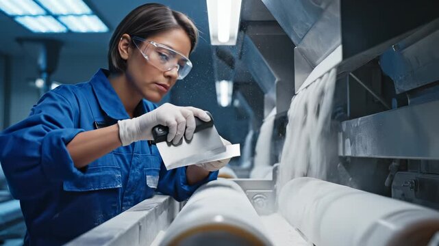 Woman technician inspects machine part in factory wearing safety goggles and gloves. Worker examines metal component in factory. Technician checks machine part. Industrial inspection with safety gear.